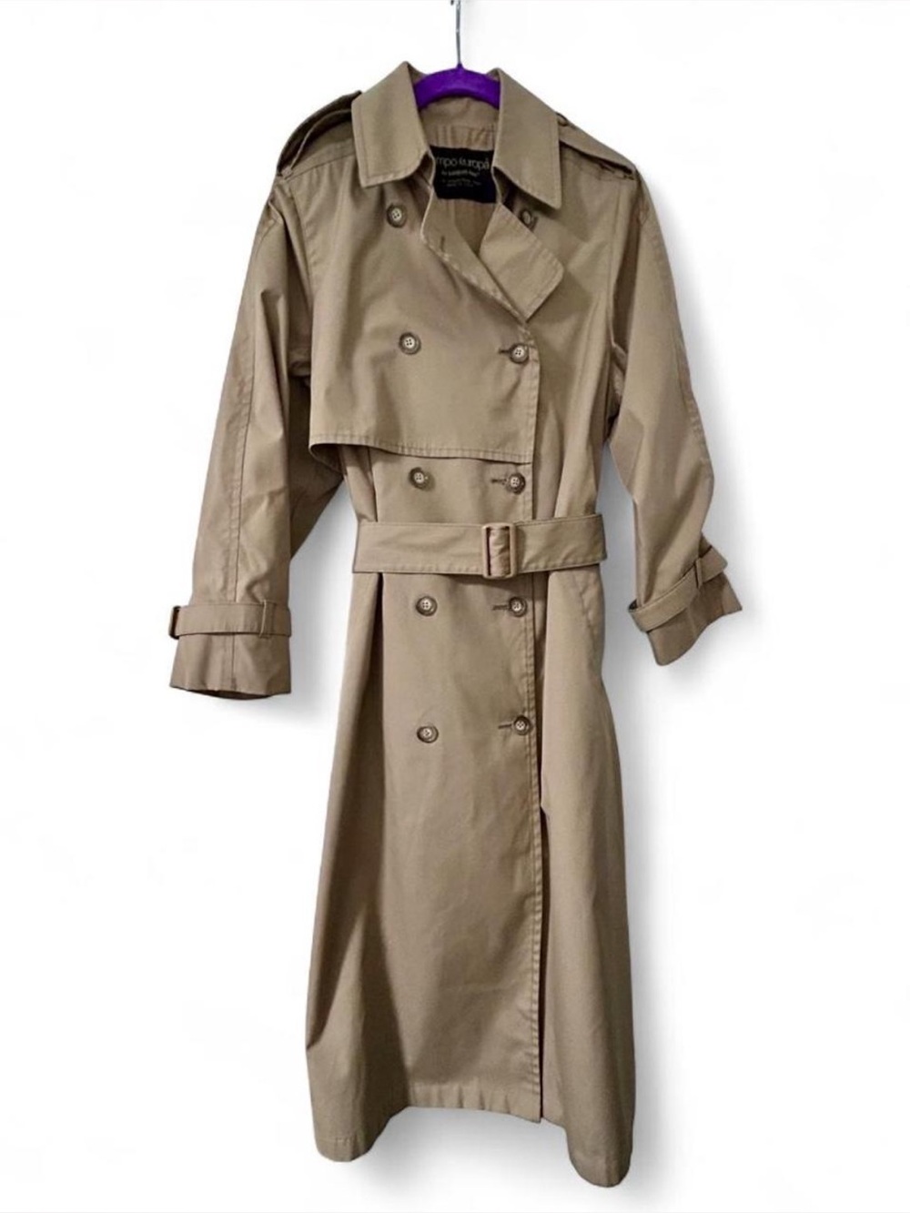 Vintage London Fog Tempo Europa Khaki Double-Breasted Belted Trench Coat